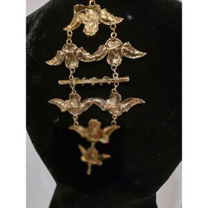 Vintage Ultra Craft Over the Shoulder Gold-Tone Angel & Rose Dangling Brooch Pin